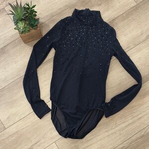 Custom Black Mesh Long Sleeve Stoned One-Piece Leotard | Adult XS / Youth L